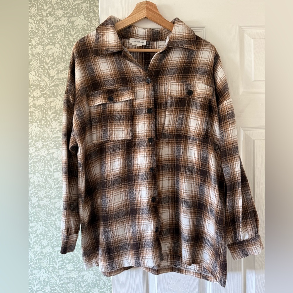 Lovers + Friends Tan and Brown Plaid Shirt
